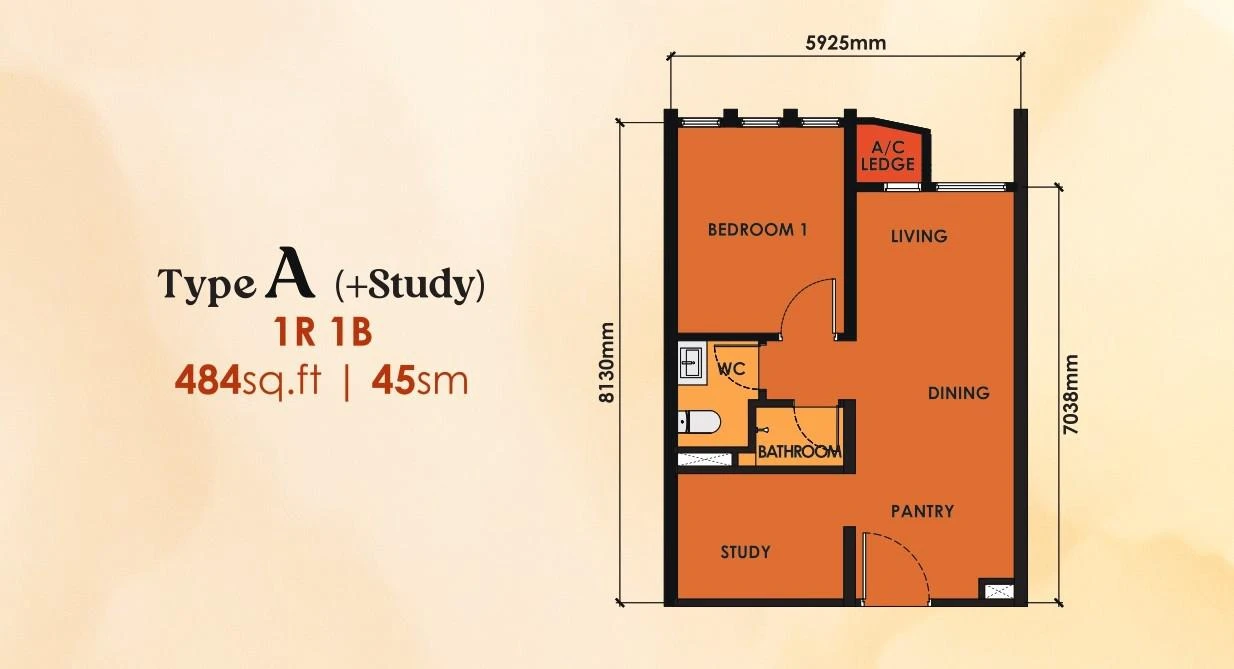Phoeniz Suites Type A (+Study) 户型图，484平方尺（1房+书房1卫）