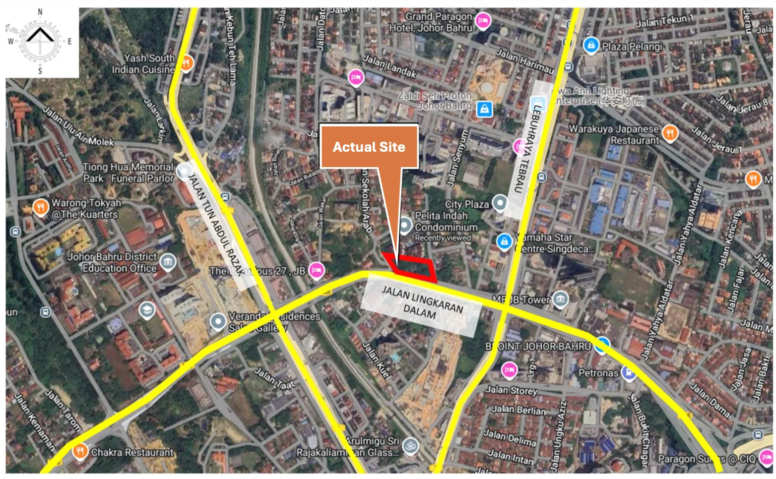 Peta tapak sebenar Pine Legacy @ Johor Bahru menunjukkan plot di Jalan Sekolah Arab berhampiran Jalan Tun Abdul Razak, dekat City Plaza Johor Bahru
