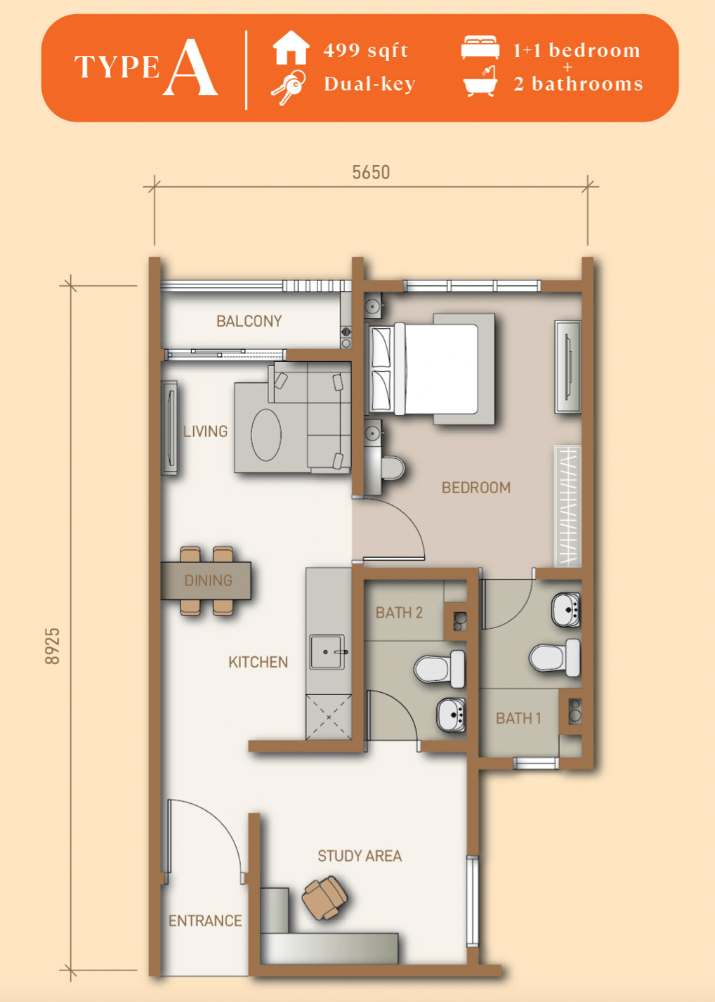 Pelan lantai Dual-Key Jenis A Pine Legacy @ Johor Bahru — 499 kaki persegi, 1+1 bilik tidur, 2 bilik air dengan balkoni dan ruang kajian