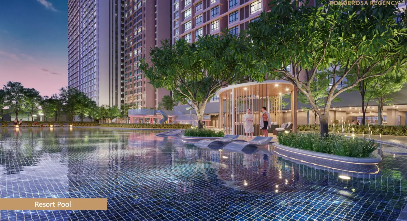 Ponderosa Regency resort-style swimming pool deck with golf course backdrop, Taman Ponderosa Johor Bahru