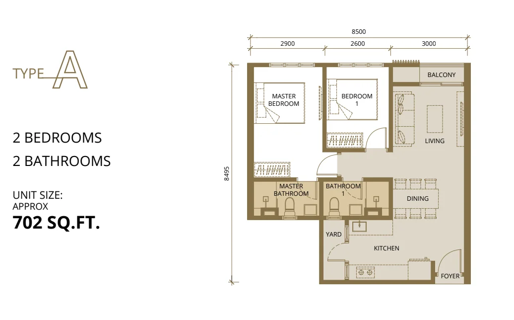 Quartz @ Queensville Type A floor plan, 702 sqft 2 bedroom 2 bathroom layout in Bandar Sri Permaisuri, Cheras, Kuala Lumpur