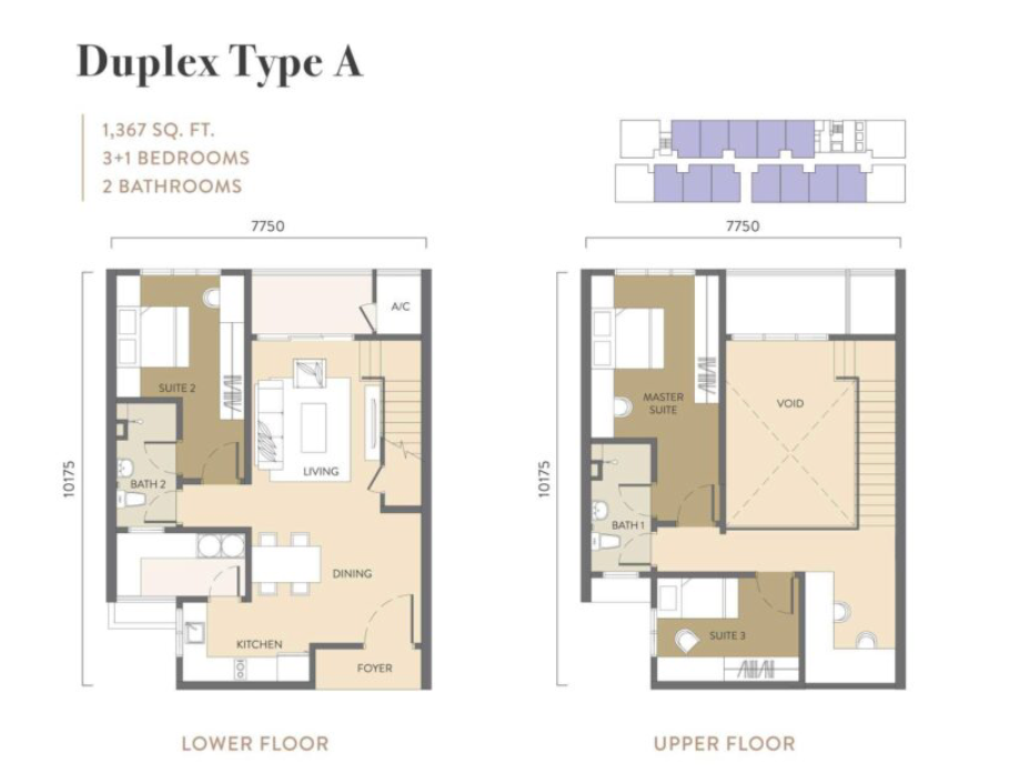 Pelan lantai Quaver Residence Duplex Jenis A menunjukkan pelan 1,367 kaki persegi 3+1 bilik tidur dan 2 bilik air dua tingkat