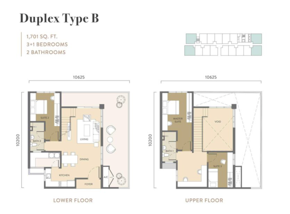 Pelan lantai Quaver Residence Duplex Jenis B menunjukkan pelan 1,701 kaki persegi 3+1 bilik tidur dan 2 bilik air dua tingkat