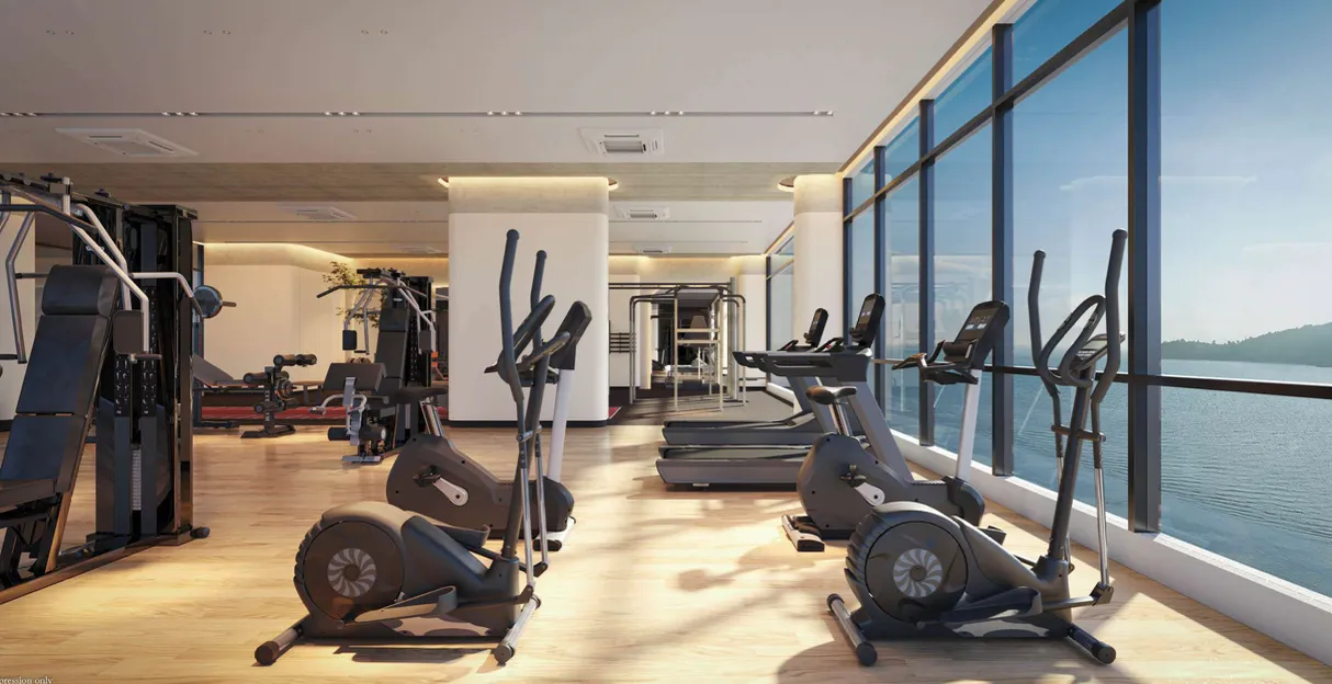 Queens Waterfront 3 (Q3) Queens Waterfront 3 gym with sea-facing floor-to-ceiling windows, Bayan Lepas Penang