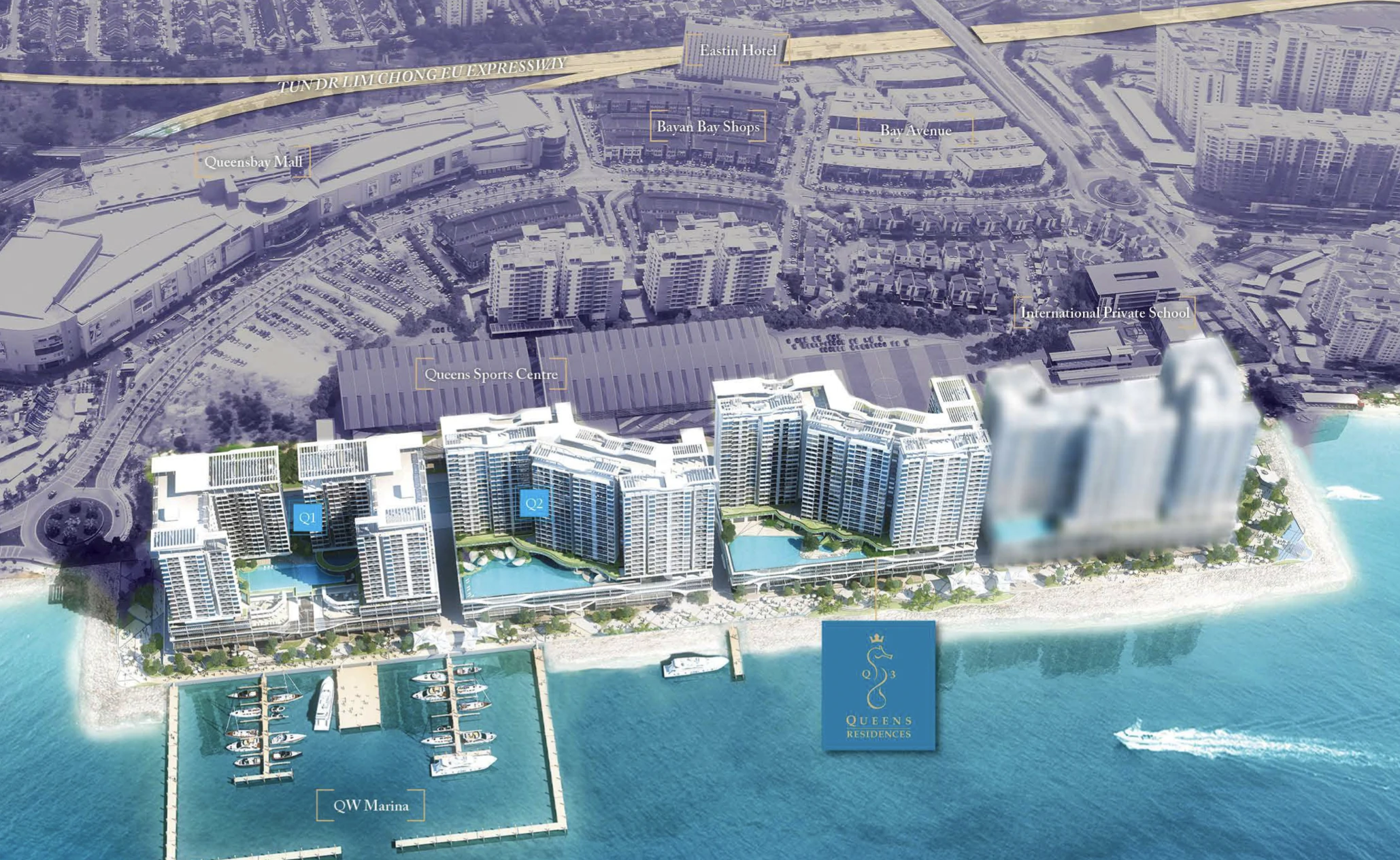 Queens Waterfront 3 (Q3) Queens Waterfront masterplan aerial view showing the Q1, Q2, Q3 towers, Queensbay Mall and QW Marina in Bayan Lepas, Penang