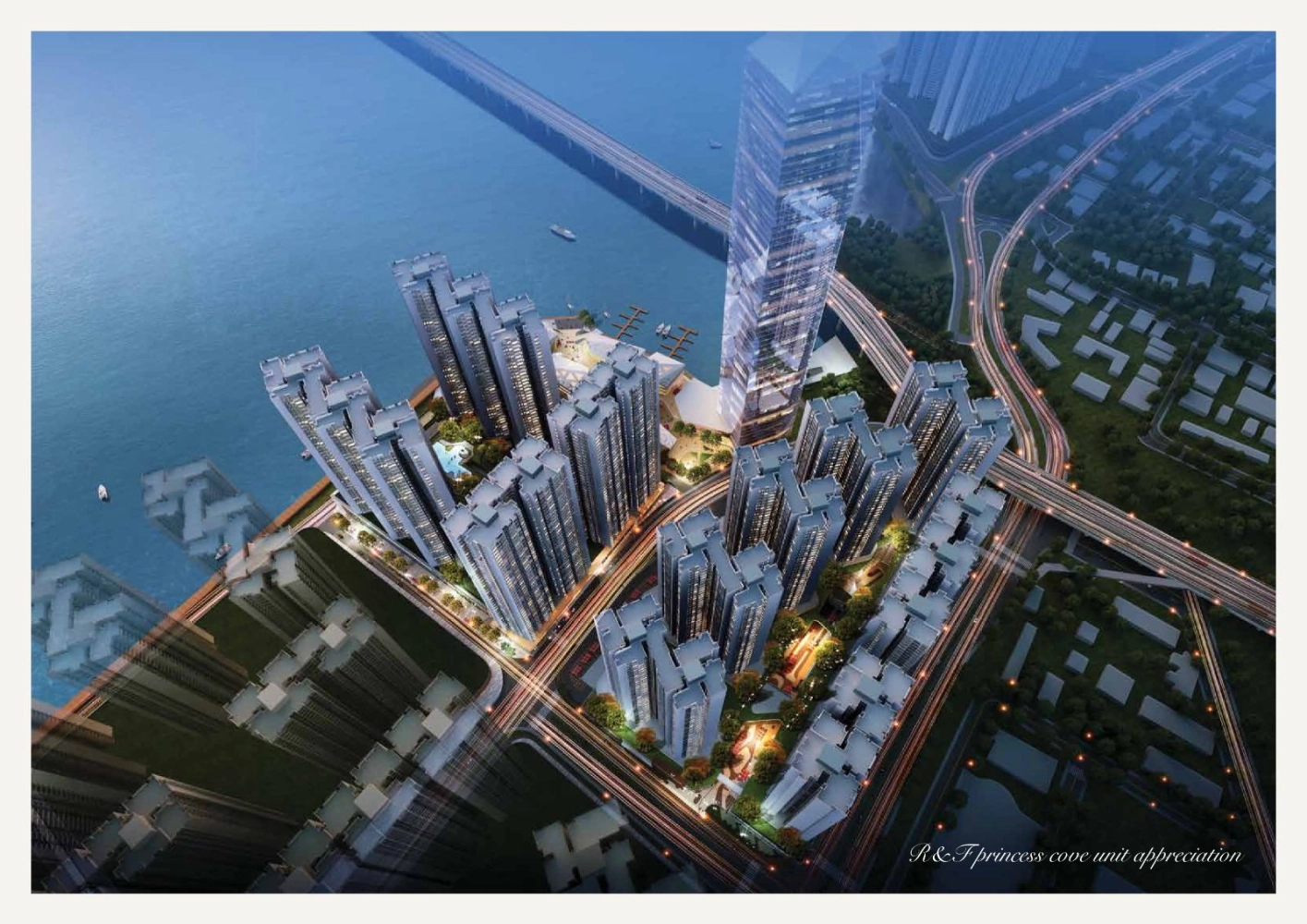 Impresi artis pelan induk keseluruhan R&F Princess Cove menunjukkan menara Fasa 2 Seine Region waktu malam