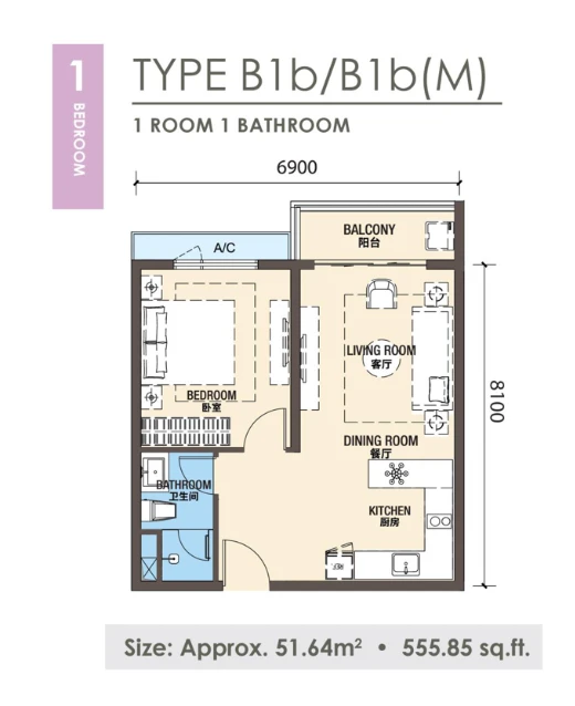 R&F Princess Cove Phase 3 Type B1b floor plan, 1 bedroom 1 bathroom, 555.85 sqft, Johor Bahru