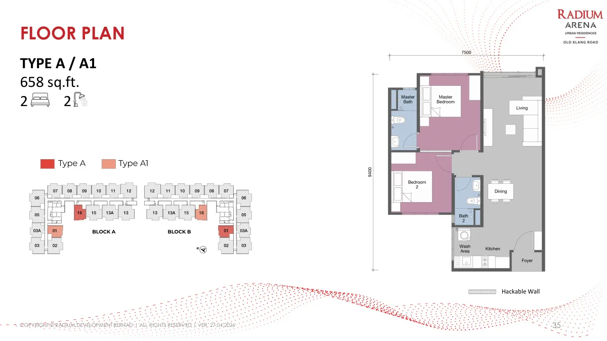 Radium Arena Type A / A1 floor plan showing a 2-bedroom, 2-bathroom layout, 658 sq ft in Old Klang Road, Kuala Lumpur