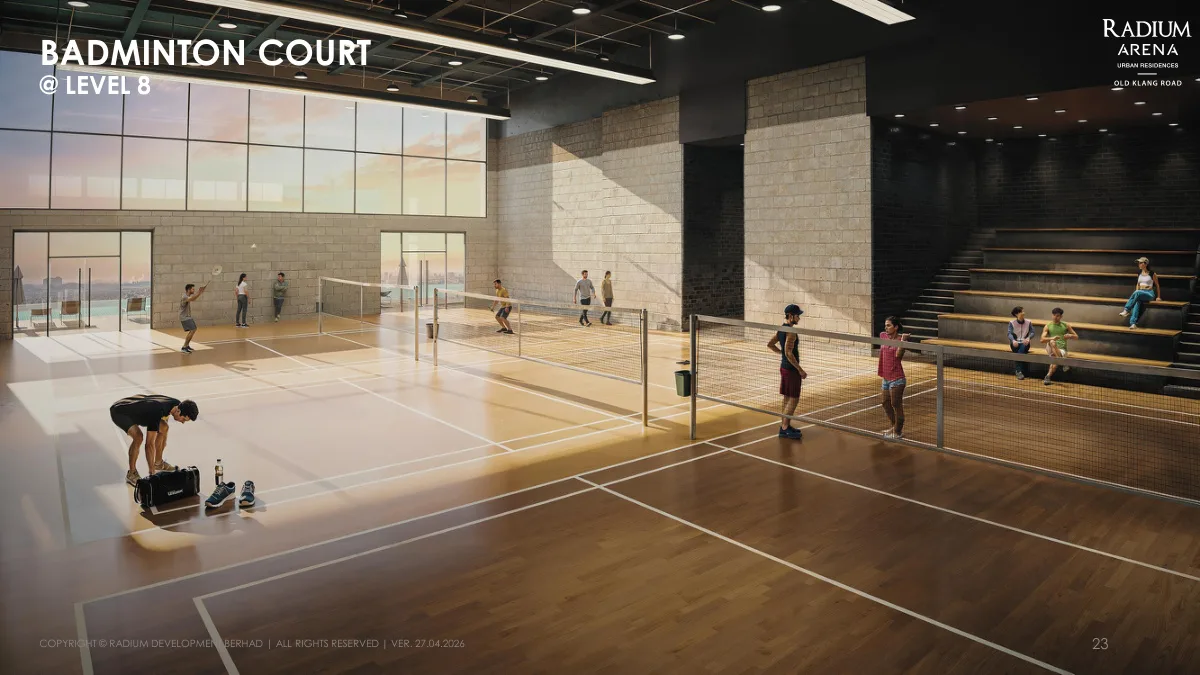 Radium Arena Level 8 indoor badminton court facility with multiple courts and spectator seating in Old Klang Road, Kuala Lumpur