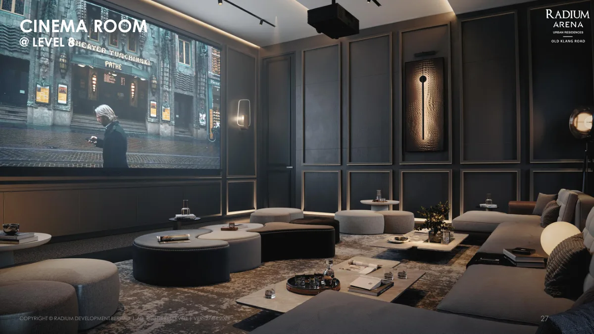 Radium Arena Level 8 private cinema room with tiered lounge seating and large screen in Old Klang Road, Kuala Lumpur