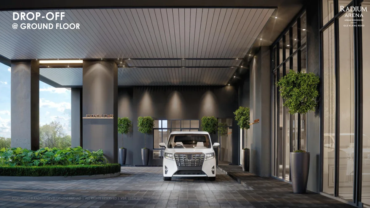 Radium Arena ground floor covered drop-off porch at the residential tower entrance in Old Klang Road, Kuala Lumpur