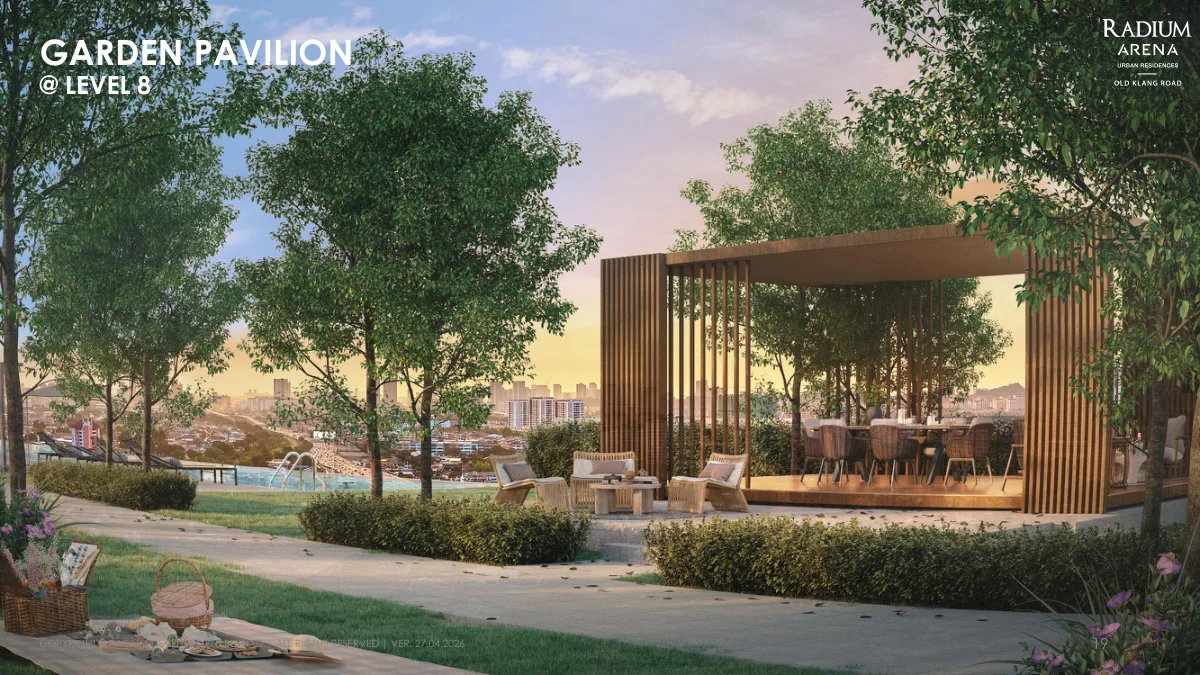 Radium Arena Level 8 garden pavilion with outdoor dining setting surrounded by landscaped greenery in Old Klang Road, Kuala Lumpur