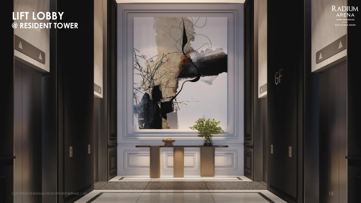 Radium Arena resident tower lift lobby with feature wall art and marble flooring in Old Klang Road, Kuala Lumpur