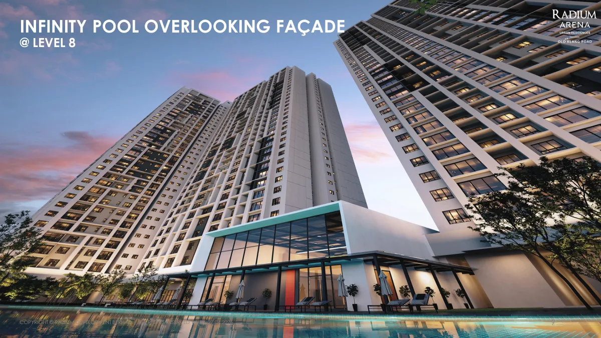 Radium Arena Level 8 infinity pool deck overlooking the twin residential tower façade in Old Klang Road, Kuala Lumpur