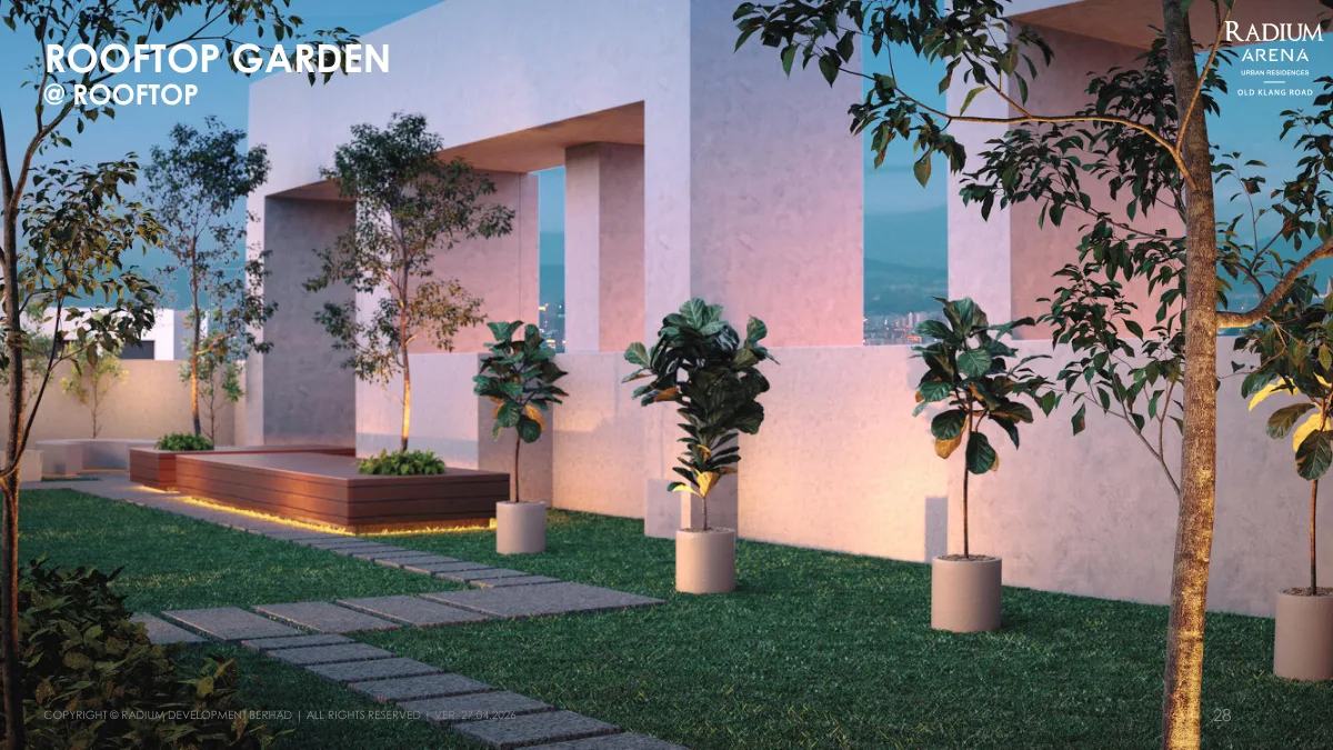 Radium Arena rooftop garden with landscaped planters and evening city view in Old Klang Road, Kuala Lumpur