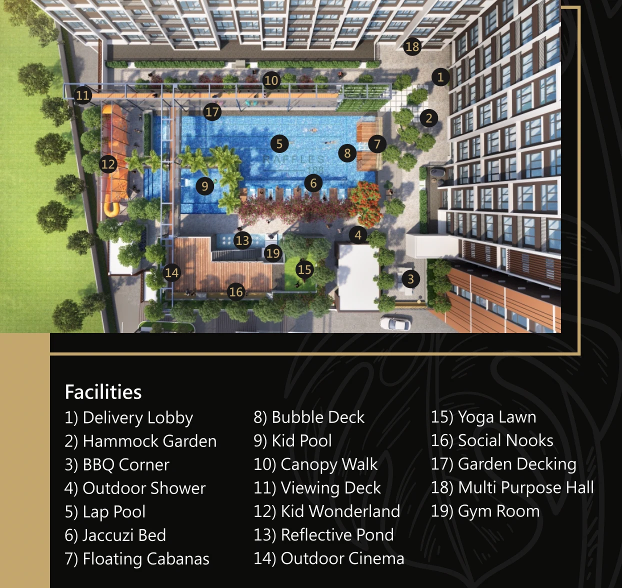 Raffles 188 Ipoh facilities deck plan showing 19 labelled amenities