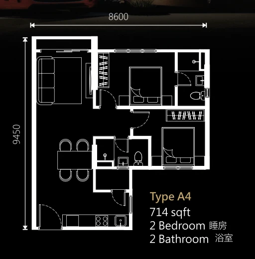 Raffles 188 Ipoh Type A4 floor plan 714 sqft 2 bedroom 2 bathroom