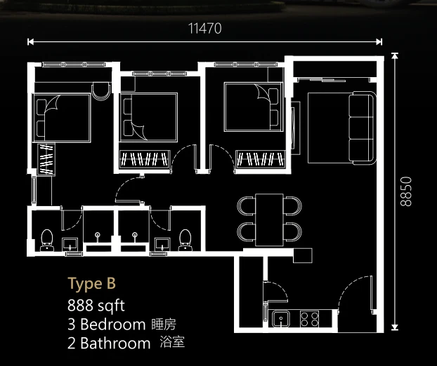 Raffles 188 Ipoh Type B floor plan 888 sqft 3 bedroom 2 bathroom