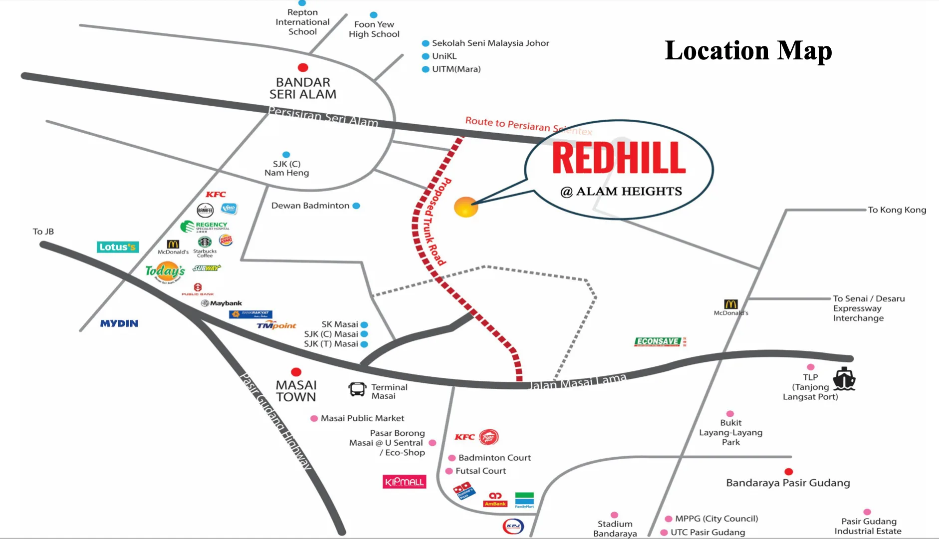 Peta lokasi Redhill @ Seri Alam menunjukkan capaian ke Lebuhraya Pasir Gudang, Masai, Johor Bahru