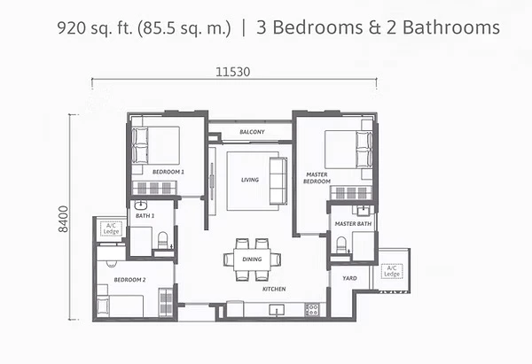 Pelan lantai Ren Residence Jenis Type A, 920 kaki persegi (3 Bilik Tidur, 2 Bilik Mandi)