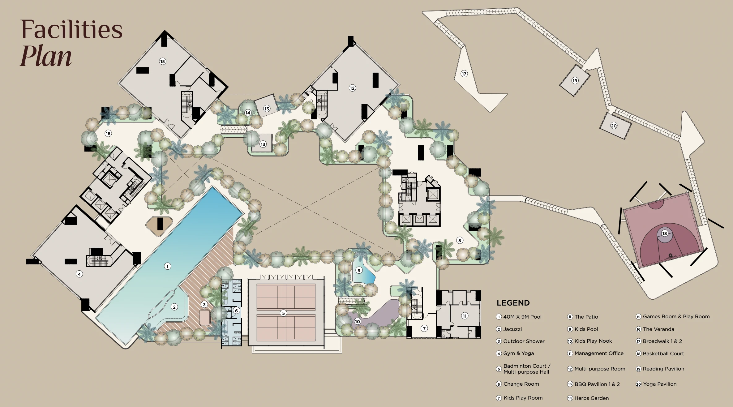 Residensi Bayu Damai Level 3A facilities plan showing pool, jacuzzi, gym, rock-climbing wall, basketball court and BBQ pavilions in Kota Kinabalu