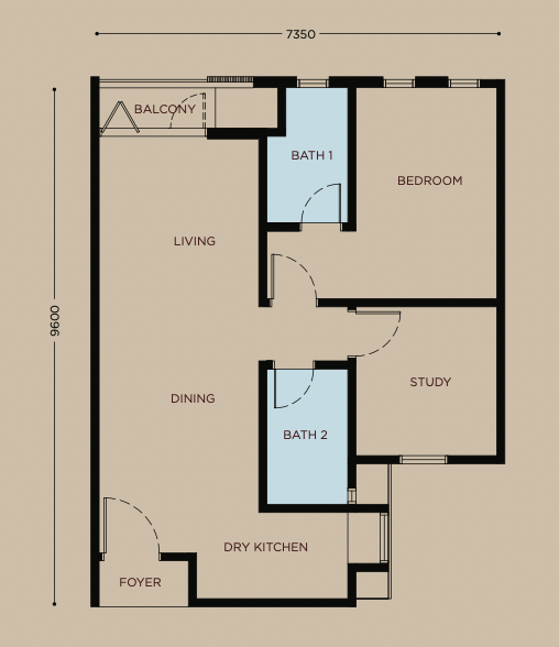 Residensi Bayu Damai Type A floor plan, 697 sqft 2-bedroom 2-bathroom layout in Kota Kinabalu, Sabah