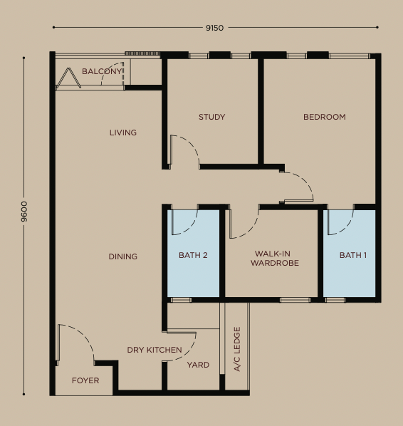 Residensi Bayu Damai B户型平面图，834平方尺，3房2卫