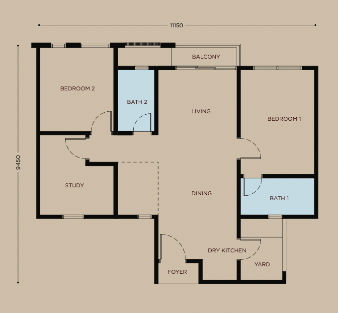 Residensi Bayu Damai C户型平面图，963平方尺，3+1房2卫