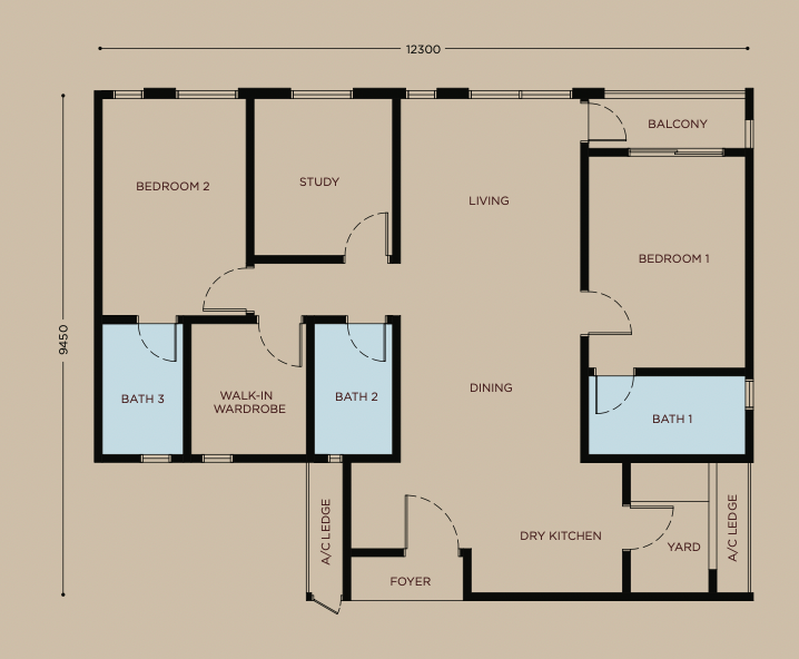 Residensi Bayu Damai D户型平面图，1,131平方尺，4房3卫