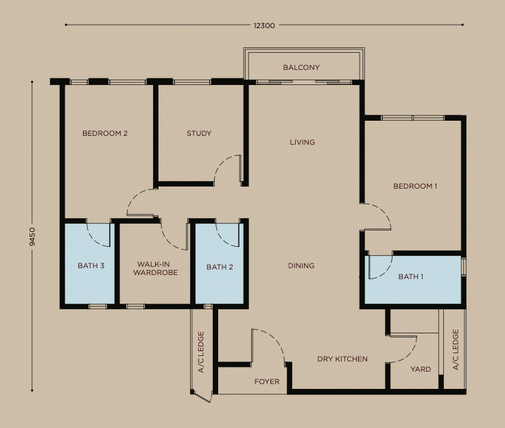 Residensi Bayu Damai D1户型平面图，1,132平方尺，4房3卫（镜像户型）