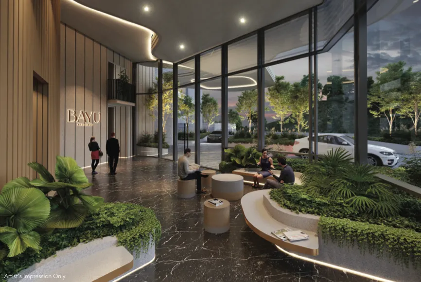 Residensi Bayu Damai grand lobby lounge with marble flooring and landscaped seating in Kota Kinabalu