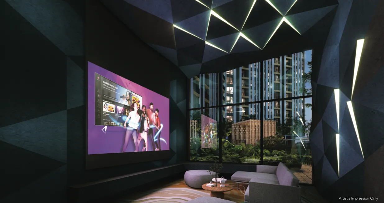 Residensi Bayu Damai indoor lounge and games room with geometric ceiling feature overlooking the podium garden in Kota Kinabalu
