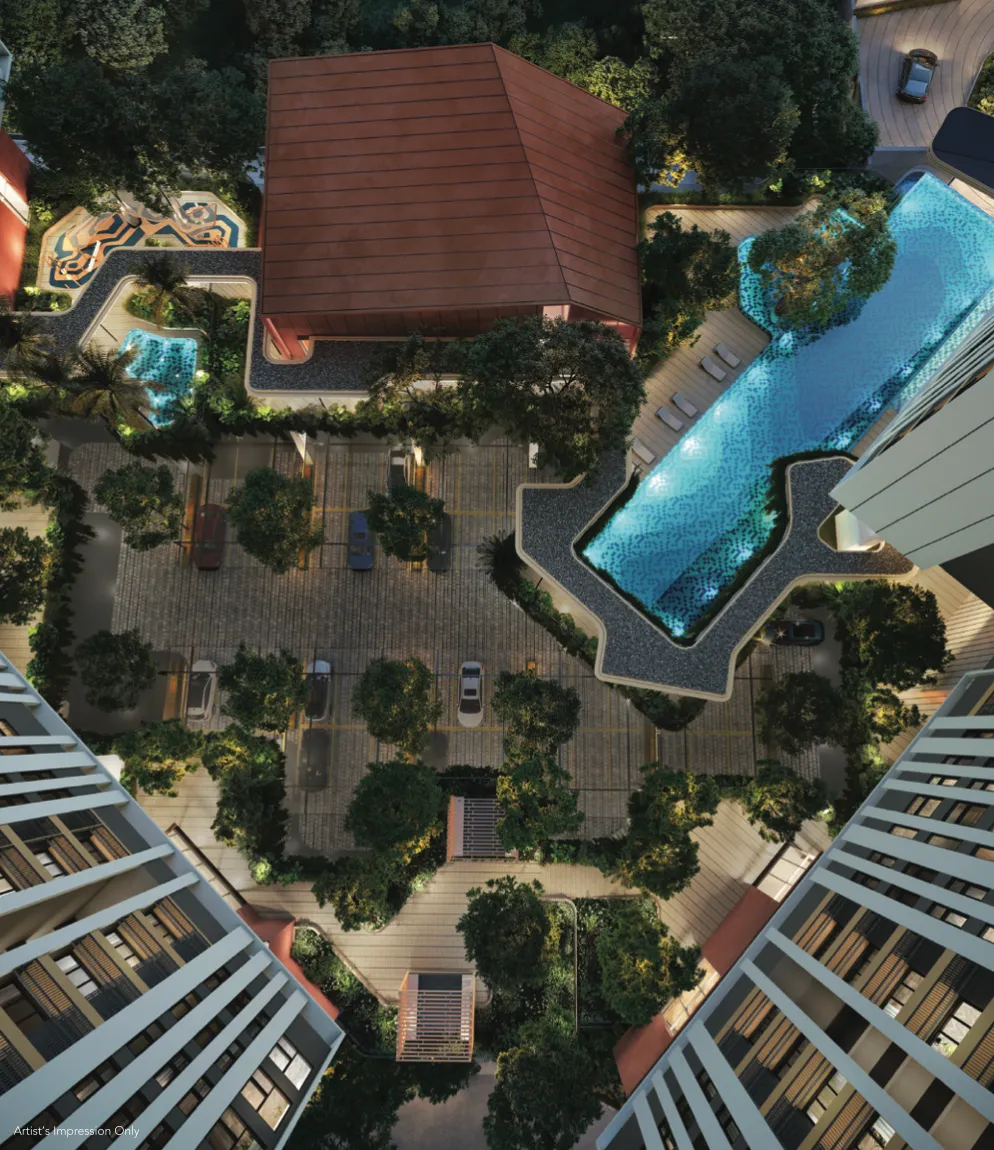 Residensi Bayu Damai Level 3A facility podium aerial night view with pool, jacuzzi and BBQ pavilion in Kota Kinabalu