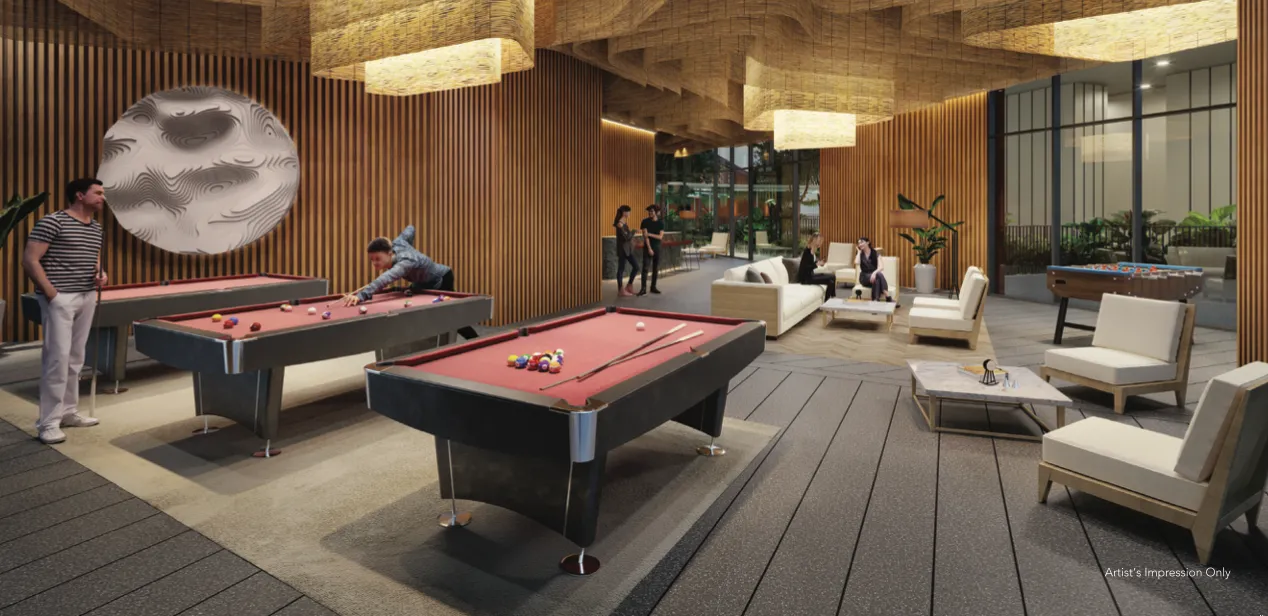Residensi Bayu Damai games room with pool tables and social lounge seating in Kota Kinabalu