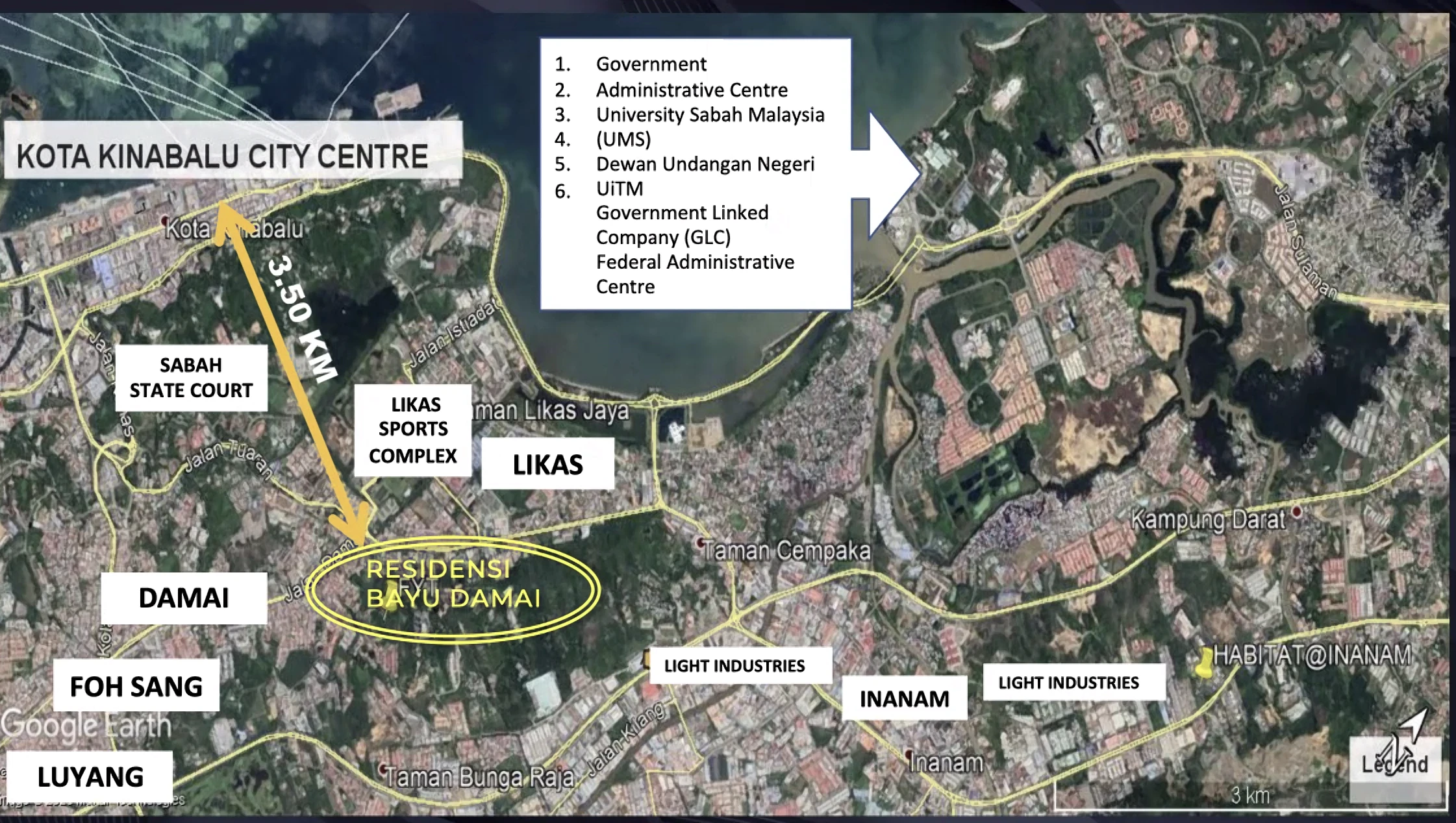 Residensi Bayu Damai location map showing distance to Kota Kinabalu City Centre, Likas, Sabah State Court and UMS