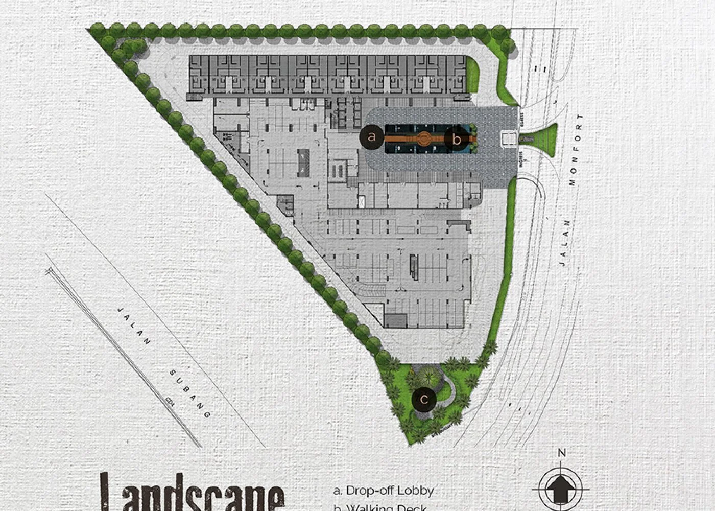 Residensi Dian II ground floor plan showing vehicle access, drop-off plaza, and lobby layout in Jalan Monfort, Section U1, Shah Alam, Selangor