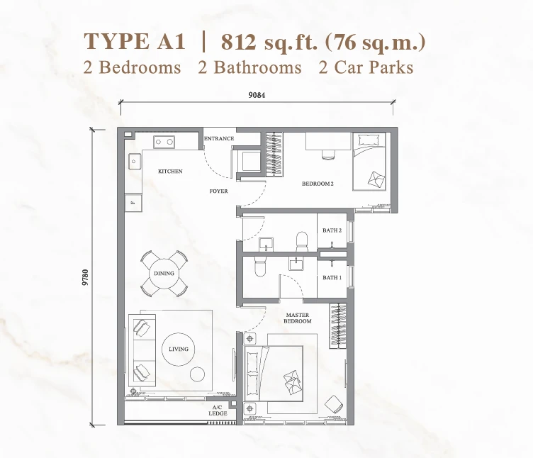River Park Type A1 floor plan, 812 sq ft (2 Bedrooms, 2 Bathrooms), 2 Car Parks in Bangsar South, Kuala Lumpur