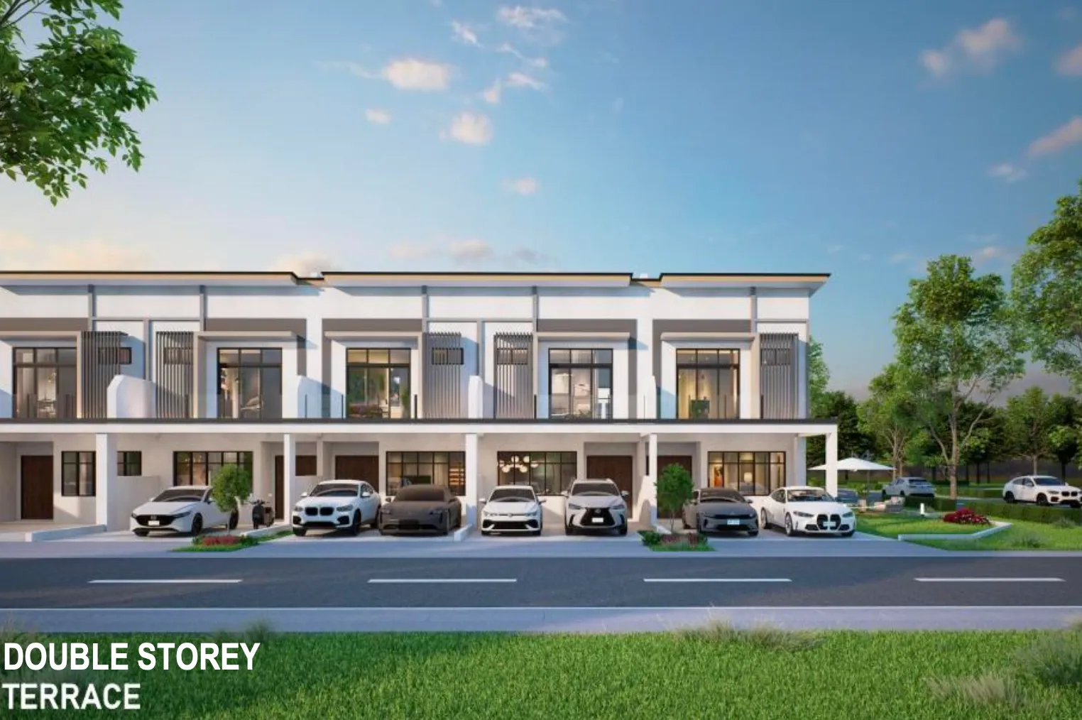 Fasad rumah teres dua tingkat 20'x70' Riveria Garden @ Wawari Aluna dengan anjung kereta dan hadapan jalan berlandskap