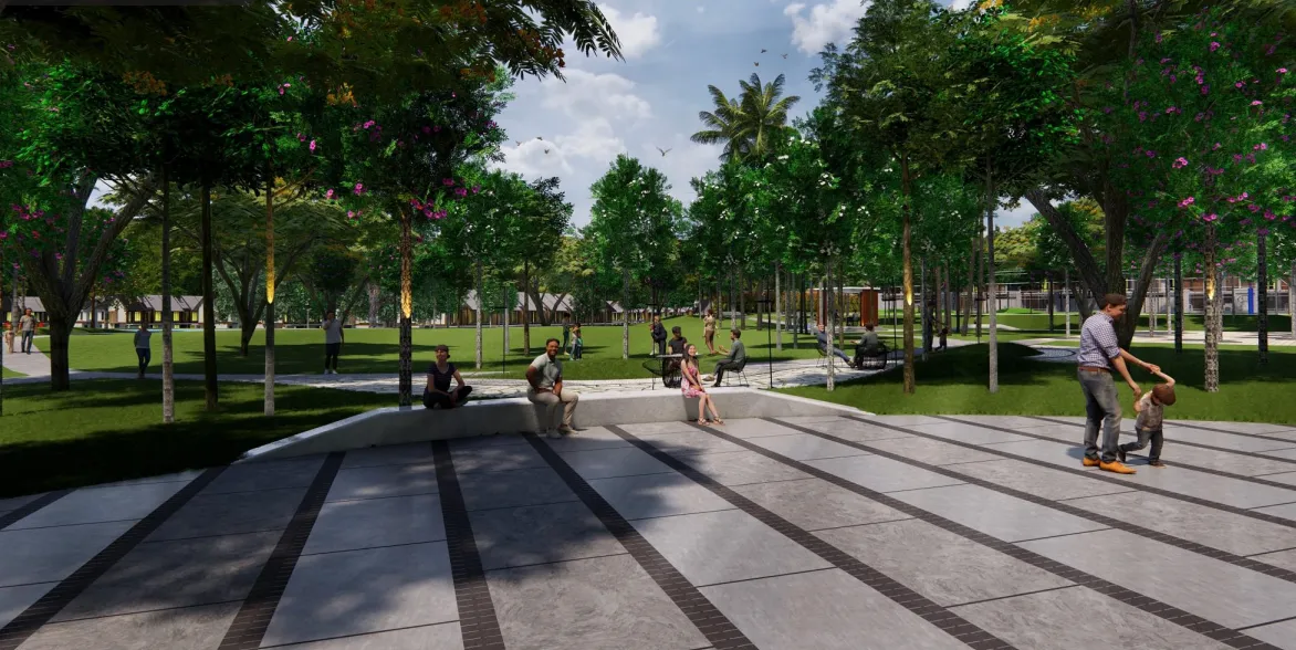 Penduduk berkumpul di kawasan tempat duduk plaza pusat berturap di taman komuniti Sanubari