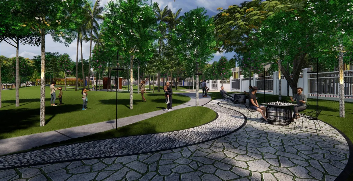 Meja catur luar dan sudut duduk sosial berteduh pokok matang di Central Park Sanubari