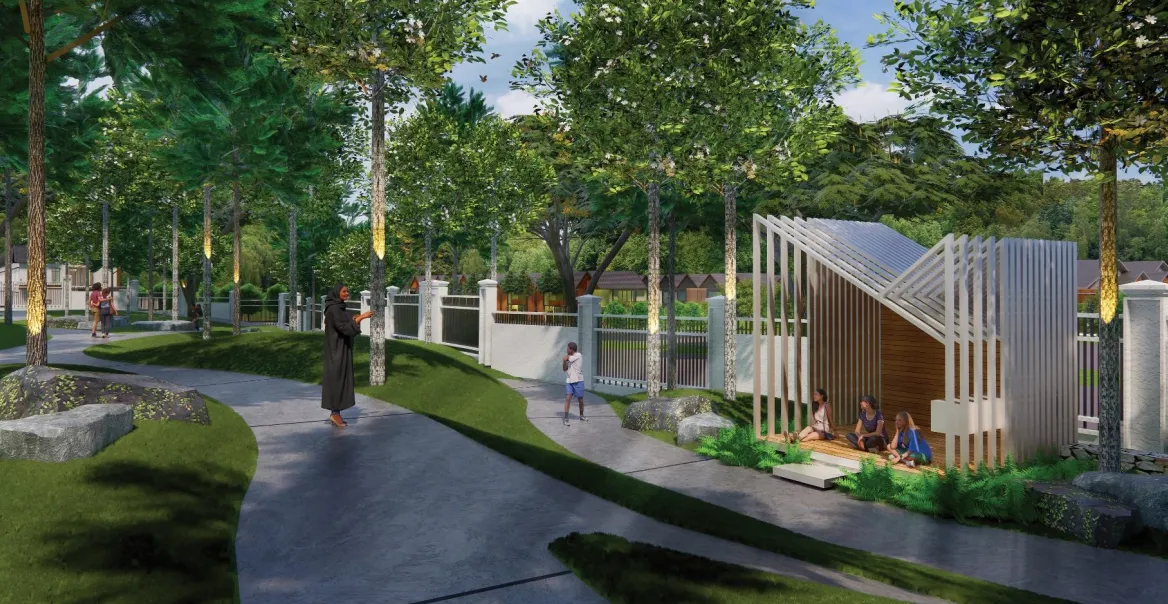 Laluan pintu masuk taman berlandskap dan pavilion keselamatan berkawal di pintu pagar kejiranan Sanubari Fasa 1