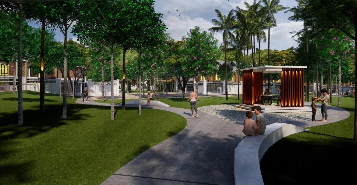 Pavilion taman berkerpingkan kayu dan geladak tempat duduk di sepanjang laluan Central Park Sanubari