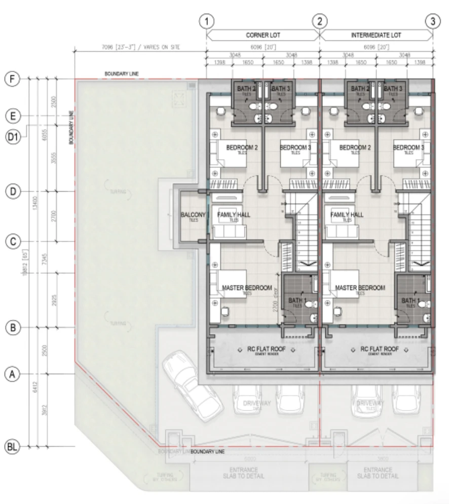 Pelan tingkat atas Jenis A 20'x65' Sanubari Phase 2, 4 bilik tidur 3 bilik mandi dengan suite utama dan dewan keluarga