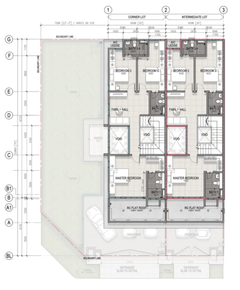 Pelan tingkat atas Jenis B 20'x75' Sanubari Phase 2, 4+1 bilik tidur 4 bilik mandi dengan void dan dewan keluarga