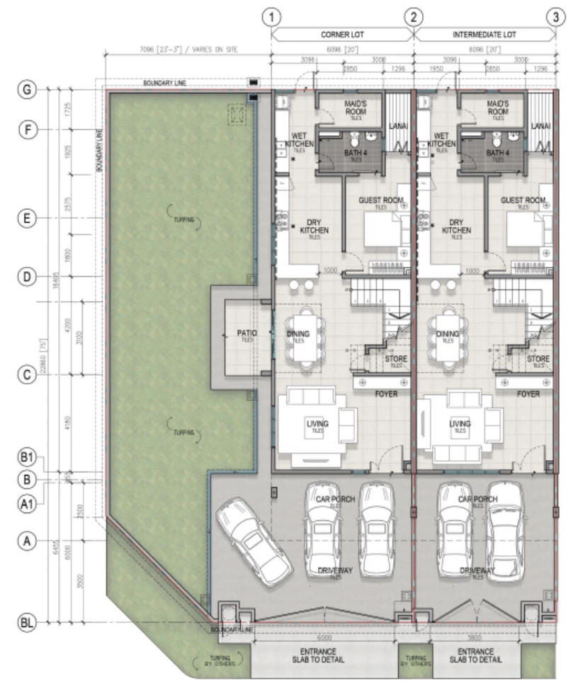 Pelan lantai bawah Jenis B 20'x75' Sanubari Phase 2, 2,264 kaki persegi dengan dapur basah/kering, bilik tetamu dan lanai