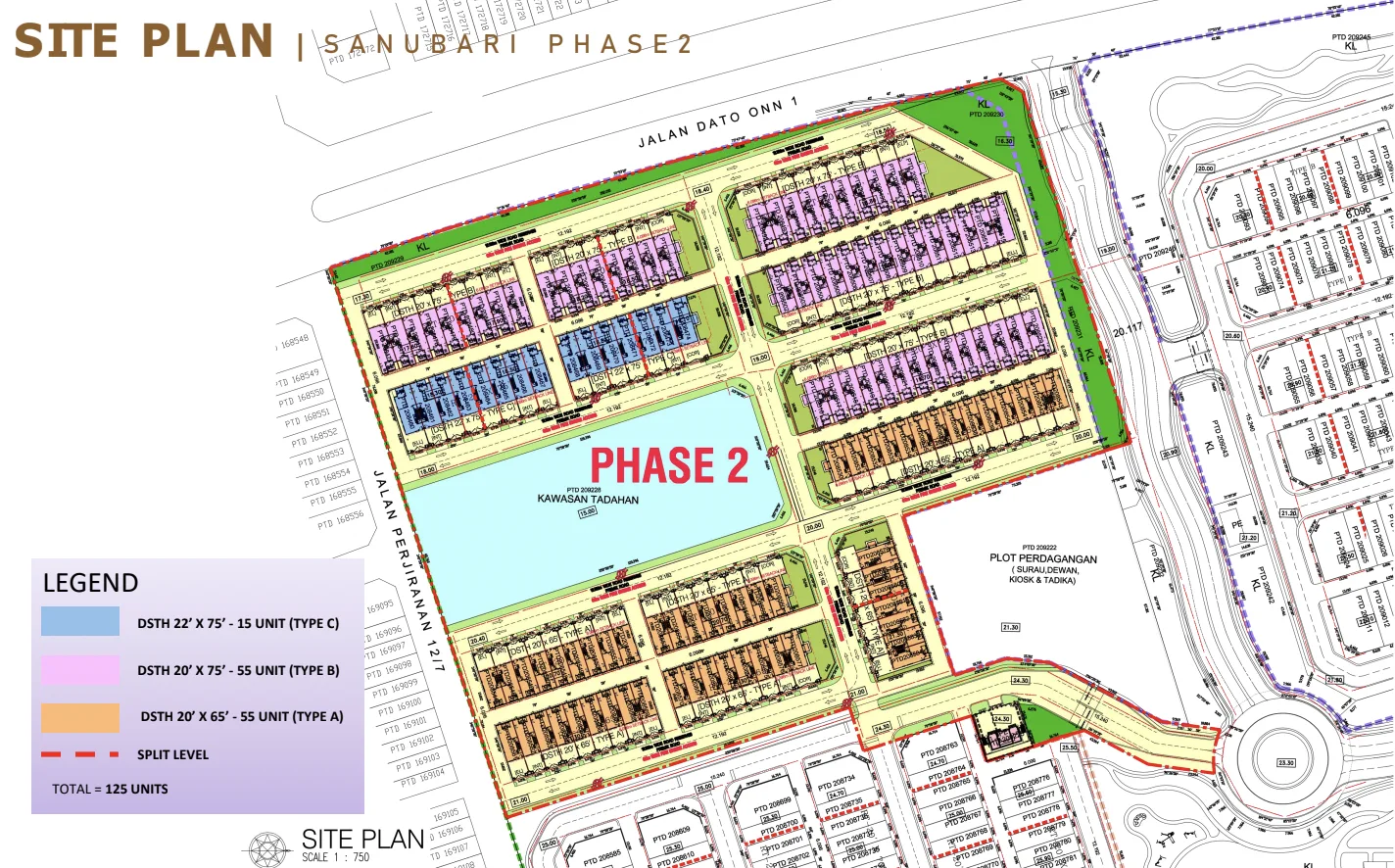 Sanubari Phase 2 @ Bandar Dato' Onn Sanubari Phase 2 site plan showing 125 units across Type A, B and C zones around the central retention pond
