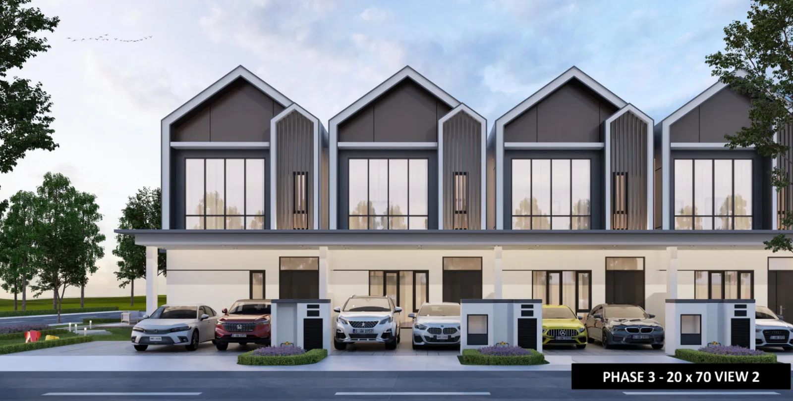 Pandangan siang fasad barisan rumah teres Sanubari Fasa 3 20'x70' menunjukkan reka bentuk bumbung gable condong berulang