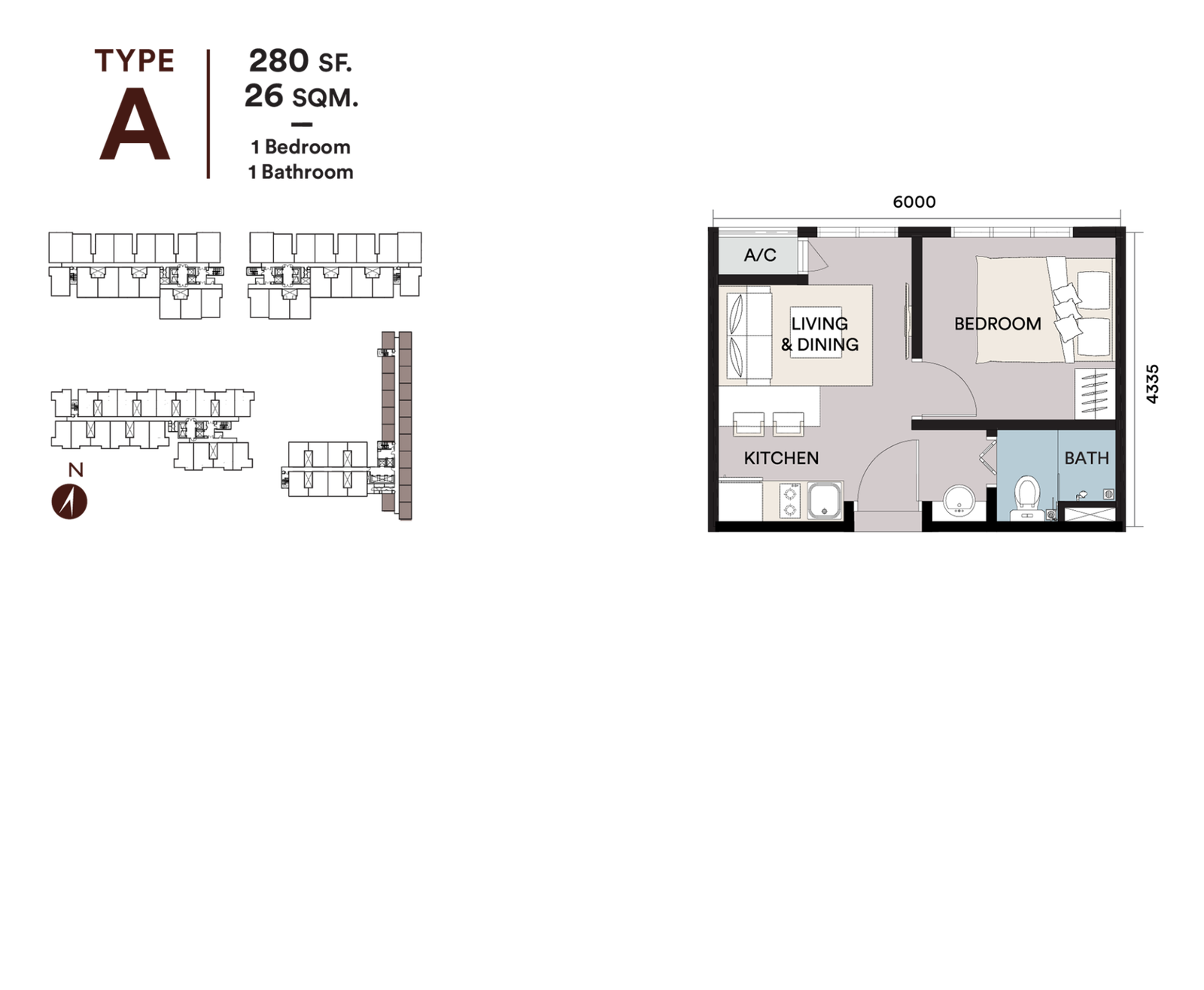 Sena Residences Type A floor plan, 280 sq ft, 1 bedroom in Seksyen 14, Shah Alam, Selangor