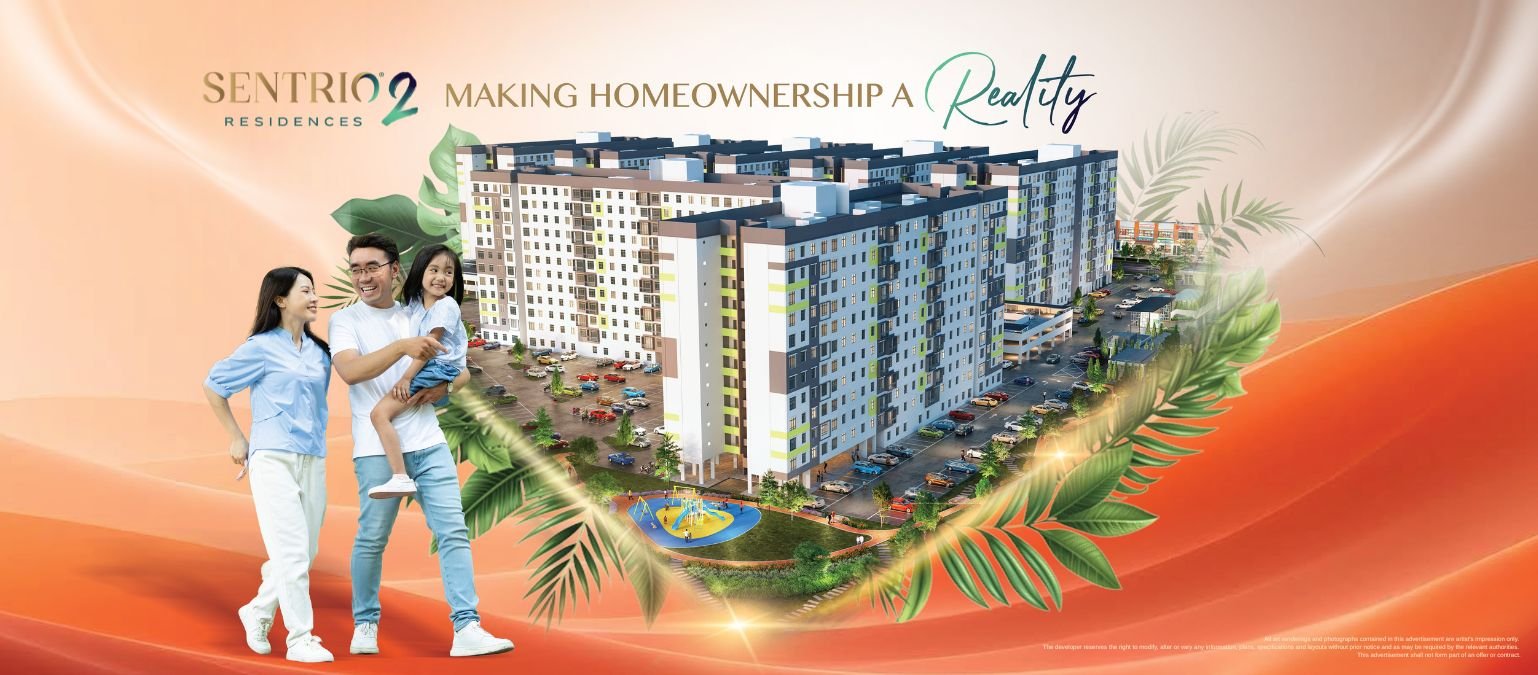 Pandangan udara menara kediaman Sentrio Residences 2 Senai dengan taman permainan kanak-kanak luar dan lanskap hijau, projek Scientex Berhad Johor