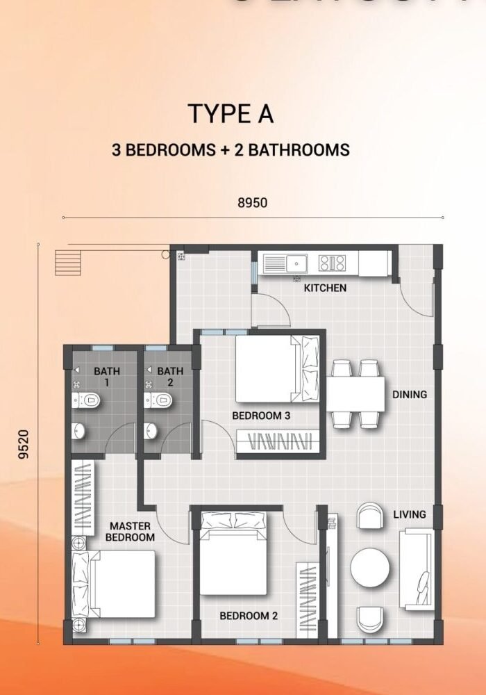 Pelan lantai Type A Sentrio Residences 2 Senai, 850 kaki persegi, 3 bilik tidur dan 2 bilik air